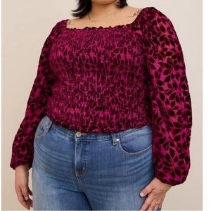 TORRID NWT Velvet Smocked Blouson Sleeve Crop Top Floral Burgundy Womens Size 3X